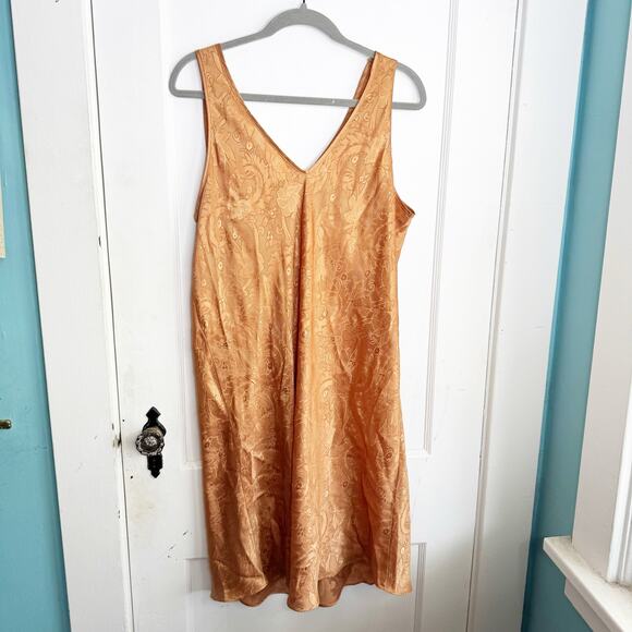 Vintage Satin Embossed Floral Print Slip Dress Orangish Brown Deep V-Neck Large - Picture 9 of 10